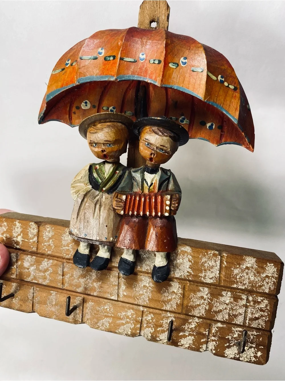 Vintage Italian Folk Art Handcrafted Rustic Wall Hook Children Umbrella